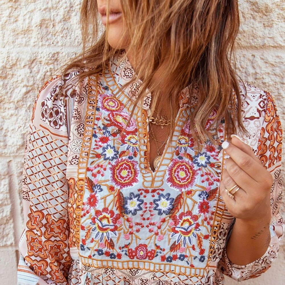 Orange Embroidered V Neck Half Sleeve Tunic Top